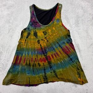 Vintage Unique Batik Tie Dye Tank Top Small Multi Color Cotton Split Back Boho